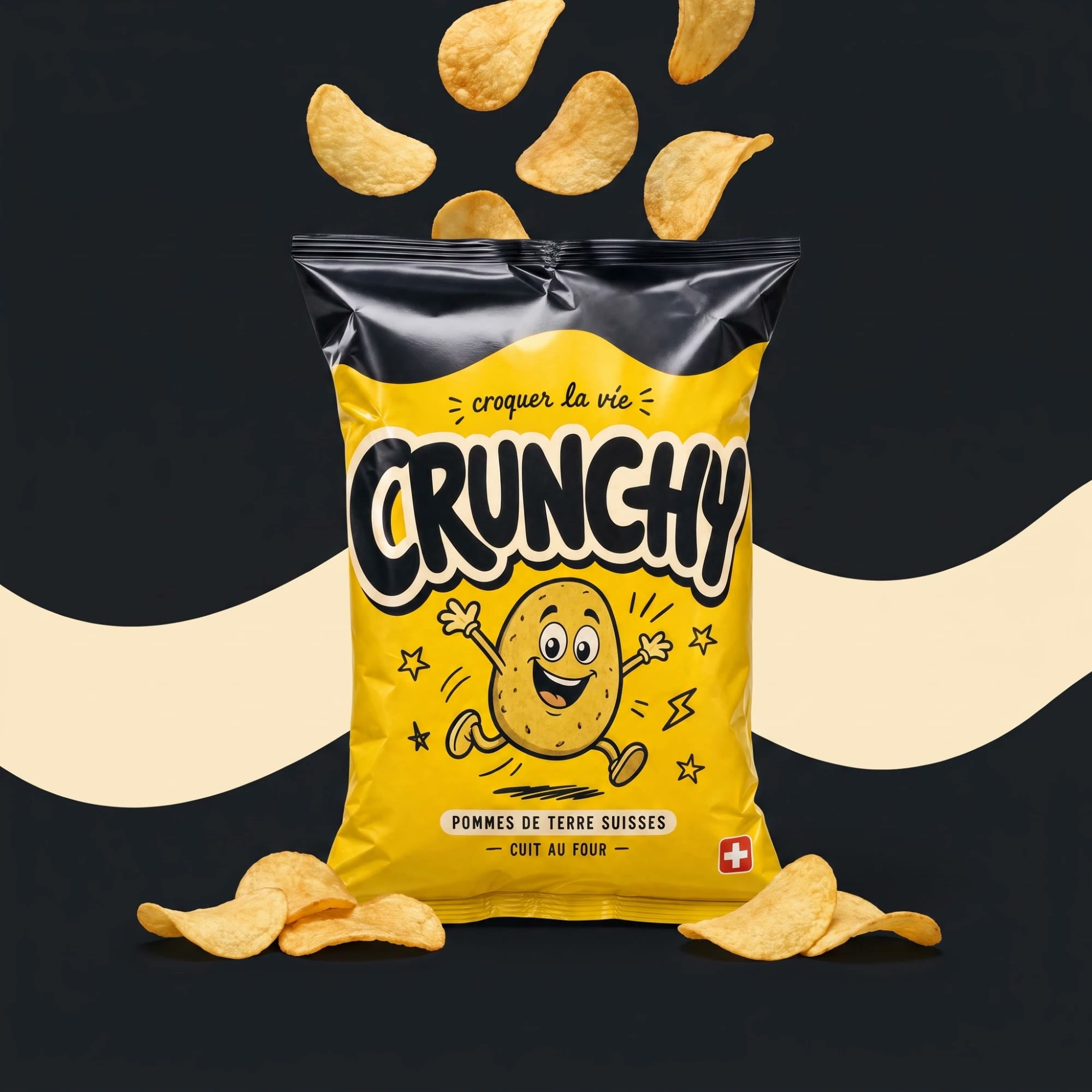 Paquet de chips Crunchy sous une pluie de chips